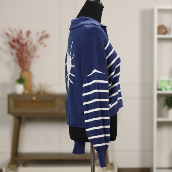 Kerri Rosenthal XO Women's V-Neck Heart Sweater in Blue and White Stripes- NWT - Picture 6 of 8